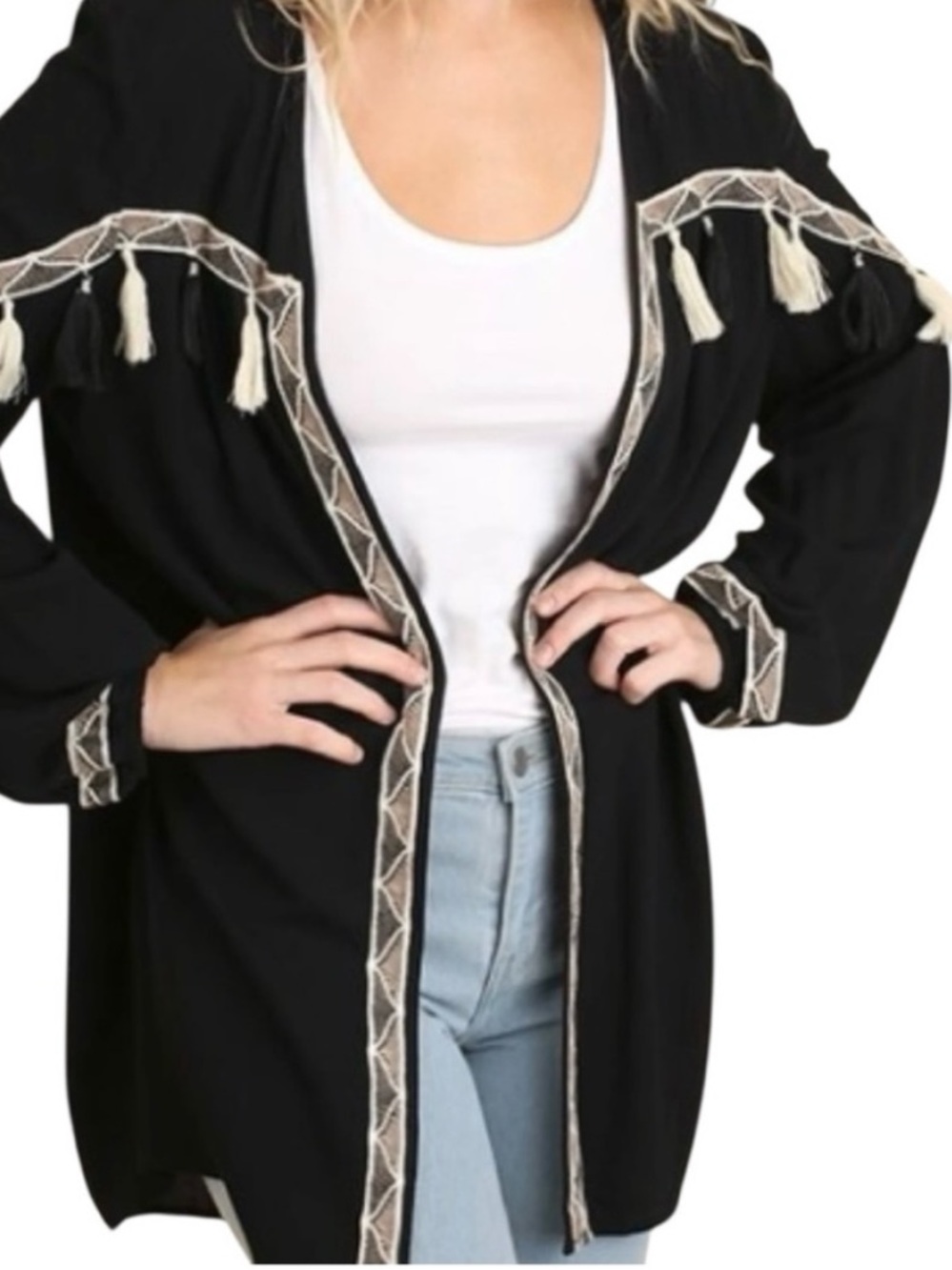 Umgee Black Cream Tassel Open Front Kimono Cardigan Cotton Boho Size Small